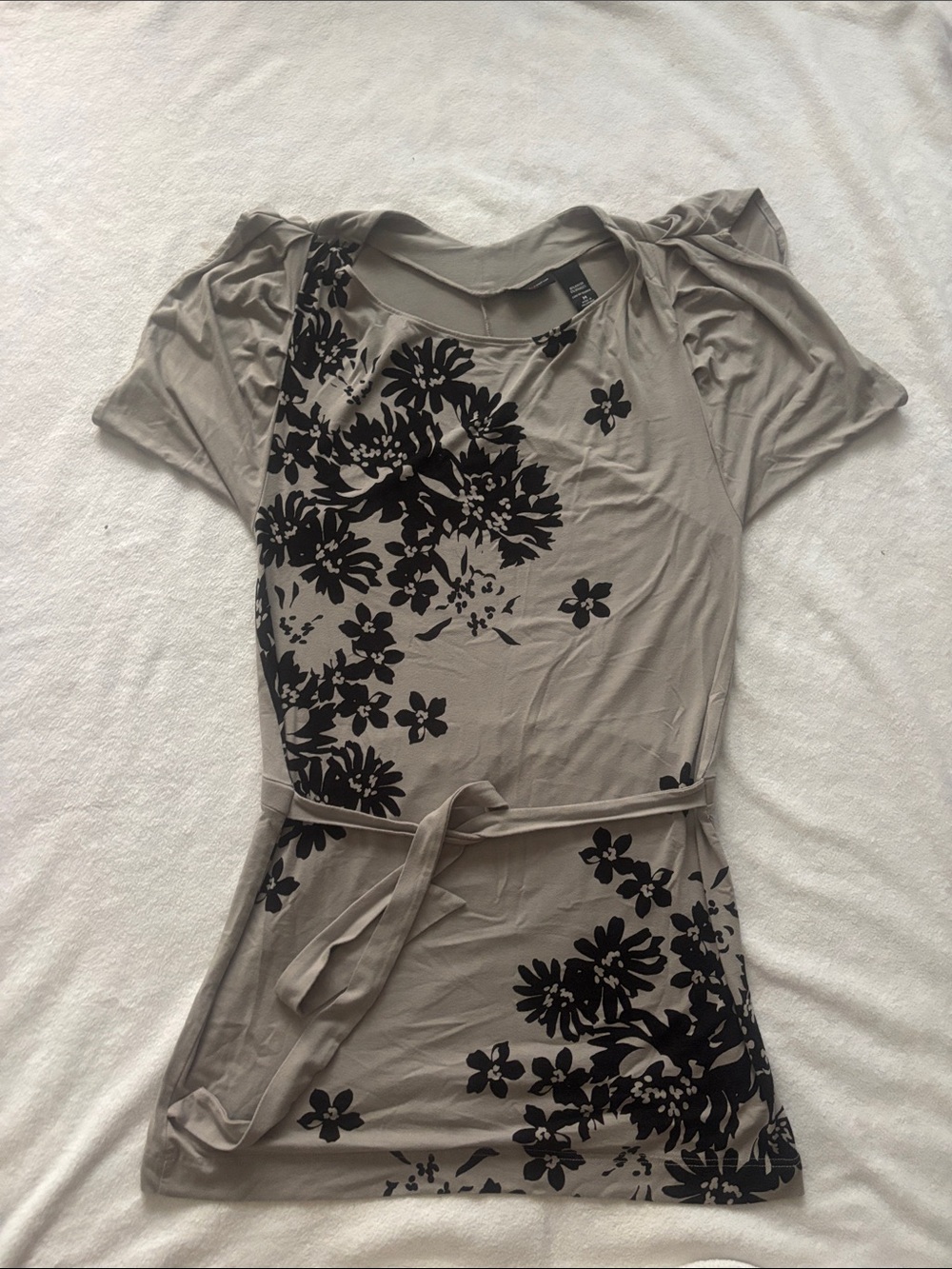 Taupe Floral Belted Tee with Black Floral Print